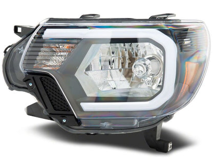 Raxiom 12-15 Toyota Tacoma Axial Series Headlights/Seq LED Bar- Black- Clear Lens