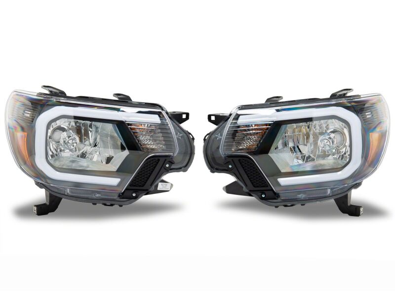 Raxiom 12-15 Toyota Tacoma Axial Series Headlights/Seq LED Bar- Black- Clear Lens